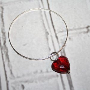 Beautiful silver bangle bracelet with red heart charm 7"